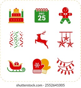 Festive Christmas vector icons featuring wrapped gifts, stockings, candles, and wreaths in flat design with subtle gradients. Perfect for holiday cards, websites, and seasonal decorations!