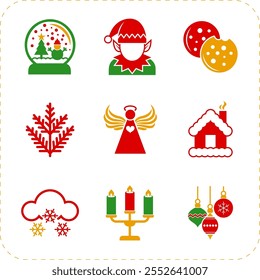 Festive Christmas vector icons featuring wrapped gifts, stockings, candles, and wreaths in flat design with subtle gradients. Perfect for holiday cards, websites, and seasonal decorations!