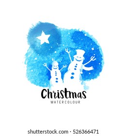 Festive christmas vector illustration with falling snow and cheering snowmen.