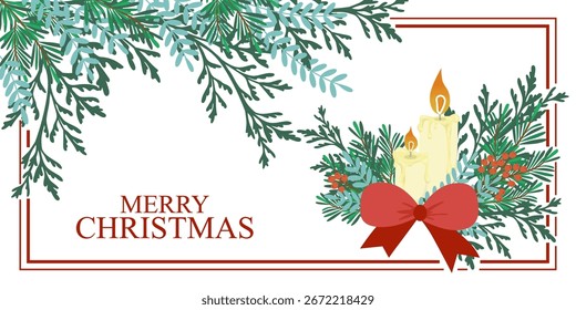 Ilustração de vetor de Natal festivo com velas acesas cercadas por ramos de pinho e bagas. Um arco vermelho adiciona um toque de feriado, criando uma cena sazonal quente e convidativa.