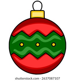 Festive Christmas vector illustration of a red and green bauble with a zig-zag pattern and yellow dots, perfect for holiday designs.