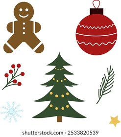 Festive Christmas Vector Illustration Set. Gingerbread Man, Christmas Tree, Ornament, Snowflake, Pine Branch, Holiday Decor Elements For Seasonal Designs, Greeting Cards, and Holiday Projects.