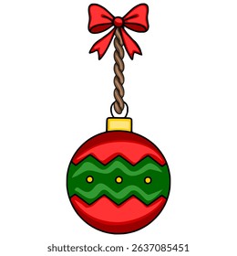 Festive Christmas vector illustration of a single red and green bauble hanging from a twisted rope with a large red bow, perfect for holiday designs.