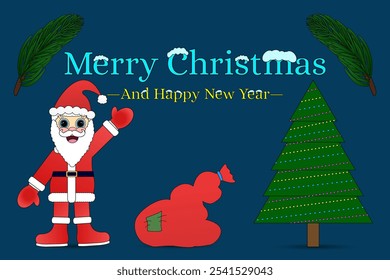 Festive Christmas vector with Santa, decorated tree, and gift sack. Perfect for holiday cards, banners, and seasonal projects.