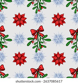 Festive Christmas vector seamless pattern with poinsettia flowers, mistletoe sprigs with red bows, and snowflakes on a light gray background, ideal for winter holiday designs.
