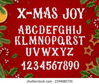 Festive christmas vector serif font. Hand drawn typeset abc with numbers. Bright letters for winter holidays events. Creative Christmas set