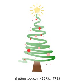 Abstrakter spiraliger Weihnachtsbaum mit einem leuchtenden Stern und rosa Schneeflocken. Minimalistisches festliches Design, perfekt für Weihnachtskarten, Einladungen, Poster und saisonale Winterdekorationsprojekte