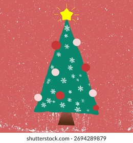 Minimalistisches Weihnachtsbaum-Design mit rustikalem Grunge-Hintergrund, mit bedrückenden Texturen, verblassten Urlaubselementen und einer vintage künstlerischen Atmosphäre. Perfekt für Wintergrüße