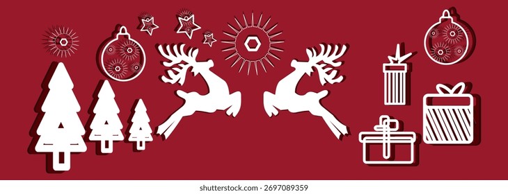Vetor de Natal festivo conjunto com renas, pinheiros, caixas de presente, ornamentos e estrelas em estilo vermelho e branco. Perfeito para cartões, banners e projetos de férias.