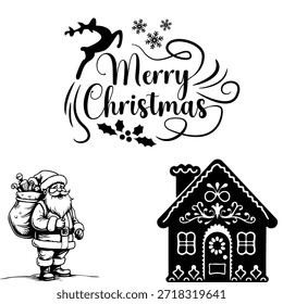 Festliches Weihnachts-Vektorset mit einem Vintage-Weihnachtsmann, dekorativem Lebkuchenhaus und Karnevalskalligrafie. Ideale EPS-Elemente für Weihnachtskarten und saisonales Marketing.