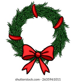 Festive Christmas vector wreath illustration with a vibrant red bow and stylized pine branches, perfect for holiday designs.