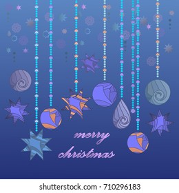 Festive christmas vertical card with christmas decorations. Vector purple background.