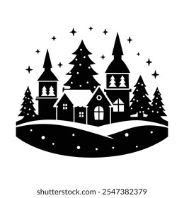 A festive Christmas village scene vector featuring snow-covered cottages, twinkling lights, pine trees, and cheerful villagers, capturing the warmth and charm of the holiday season.