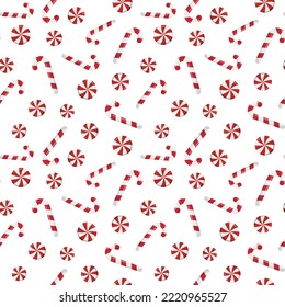 Festive Christmas wallpaper with candy canes and round swirl candy. Vector background for printing, winter holidays, greeting cards, fabric, textiles, and wrapping paper. Isolated on white background.