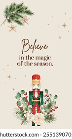 Festive Christmas Wallpaper with Nutcracker, Pine Details, and Elegant Holiday Design. Perfect for festive backgrounds, digital screens, or holiday-themed decor.