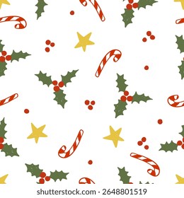 Festive Christmas winter holiday pattern featuring holly, stars, and candies. Vector illustration