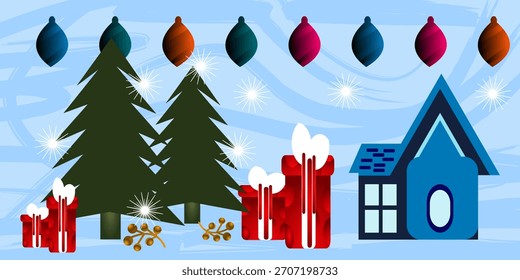 Festive Christmas winter scene with pine trees, gift boxes, ornaments, snowflakes, and a cozy house. Perfect for holiday cards, posters, banners, and seasonal designs.