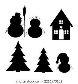 festive Christmas winter set with silhouettes of snowmen mom, dad and child, Christmas trees, spruce, fir and wooden house