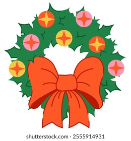 Festive Christmas wreath adorned with holly leaves, ornaments, and a bright red bow. Perfect for holiday-themed designs, seasonal decorations, greeting cards, or creative winter projects.