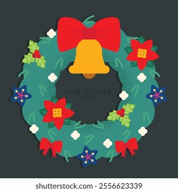 A festive Christmas wreath adorned with red bows, poinsettias, holly leaves, and a golden bell at the center, perfect for spreading holiday cheer!