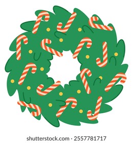 Festive Christmas wreath adorned with red and white candy canes and yellow ornaments on a lush green background. Perfect for seasonal holiday projects, decorations, and creative winter-themed designs.