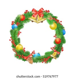 Festive Christmas wreath with balls,  bells, mistletoe, tree cone and bow. 