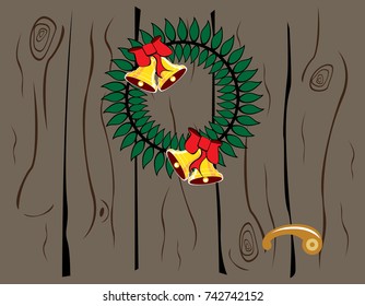 Festive christmas wreath with bells on a wood door. Holiday cartoon illustration, card, banner, pattern, background for design and web