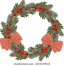Festive Christmas wreath with fluffy spruce branches and red bows. Vector holiday circle decoration from green fir twigs, holly berries and ribbon. Perfect for greeting cards or invitations. Isolated