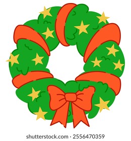 Festive Christmas wreath with green foliage, orange ribbons, yellow stars, and a bright bow at the bottom. Perfect for holiday-themed designs, greeting cards, and seasonal decorations.