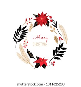 Festive Christmas wreath, greeting card, traditional xmas plants, poinsettia flowers, holly berry, tree brunch and laurel leaves in Scandinavian style. Illustration, isolated on white background. 