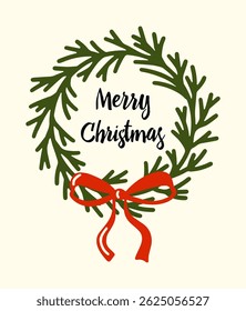 Festive Christmas wreath greeting card for joyful holiday celebration. Vector illustration