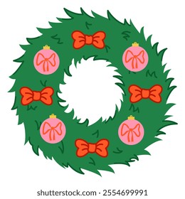 Festive Christmas wreath illustration featuring green pine branches adorned with red bows and pink ornaments. Perfect for holiday-themed projects, Christmas decorations, and festive invitations.