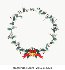 Festive Christmas wreath illustration. Festive holiday wreath, holly leaves and bells Christmas decorations, vintage Christmas holidays wreath. Illustration of wreath with bells for Christmas holidays