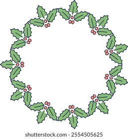 Festive Christmas wreath illustration. Festive holiday wreath, holly leaves and bells Christmas decorations, vintage Christmas holidays wreath. 