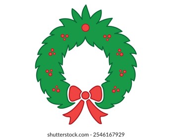 Festive Christmas Wreath Illustration with Red Bow and Floral Accents. Concept of Holiday Decor, Seasonal Celebration, Festive Home Decoration, Christmas Ornament Design Element. Icon, Print