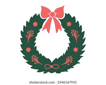 Festive Christmas Wreath Illustration with Red Bow and Floral Accents. Concept of Holiday Decor, Seasonal Celebration, Festive Home Decoration, Christmas Ornament Design Element. Icon