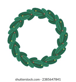 A festive Christmas wreath. A wreath made of spruce branches. Decorated festive spruce wreath. Wreath on the door. Vector illustration in flat style