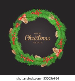 Festive Christmas wreath with  mistletoe, tree cone and bow. Hand drawn holiday lettering. 