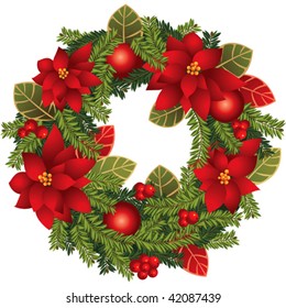 Festive Christmas wreath with poinsettias,berries and Christmas bauble.