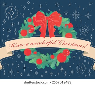 A festive Christmas wreath with a 
 ribbon and ornaments, featuring 'Have a wonderful Christmas!' The starry, snowy background adds a cozy holiday feel