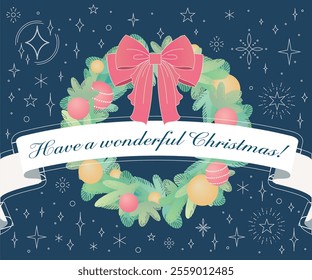 A festive Christmas wreath with a 
 ribbon and ornaments, featuring 'Have a wonderful Christmas!' The starry, snowy background adds a cozy holiday feel