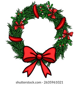 Festive Christmas wreath vector illustration with red bows and mistletoe berries, perfect for winter holiday designs.