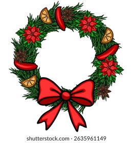 Festive Christmas wreath vector illustration with poinsettia flowers, orange slices, star anise, and a red bow, perfect for holiday designs.