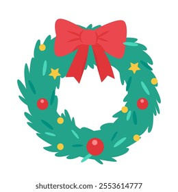 Festive Christmas wreath. Xmas house door decor. Traditional New Year outdoors winter home decoration element. Flat vector illustration isolated on transparent background.