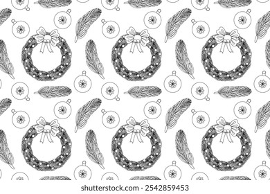 Festive Christmas wreaths, pine branches, and baubles in a seamless black-and-white pattern. Perfect for holiday coloring activities.