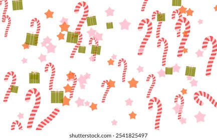 Festive Christmas-themed candy arranged on a clean, white background, shaped like stars and small gift boxes. 