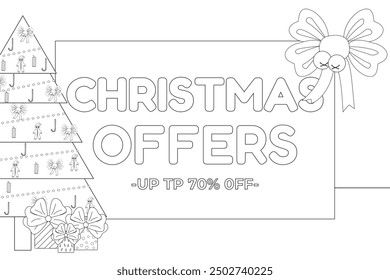 A festive Christmas-themed coloring page featuring a decorated tree, gifts, and sale announcement. Ideal for holiday promotions and kids activities.