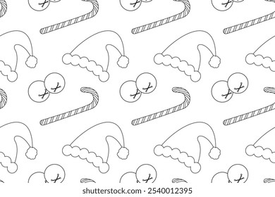 Festive Christmas-themed coloring page featuring Santa hats, candy canes, and holly berries. Perfect for holiday crafts and activities.