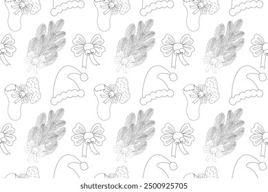 A festive Christmas-themed coloring page pattern featuring stockings, Santa hats, and pine branches. Perfect for holiday fun and creativity.