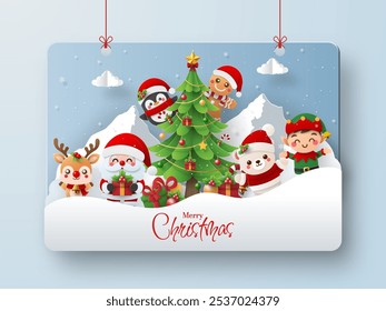 A festive Christmas-themed illustration, Santa Claus with children and holiday characters celebrate along with a decorated Christmas tree.